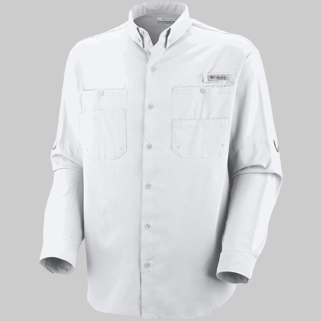 חולצת דיג ColumbiaIL Tamiami II L/S בצבע אפור בהיר, בעלת שרוולים ארוכים, שני כיסים בחזה עם דשים מכופתרים, צווארון מכופתר ולשוניות לגלגול השרוולים, מוצגת על רקע אפור אחיד.