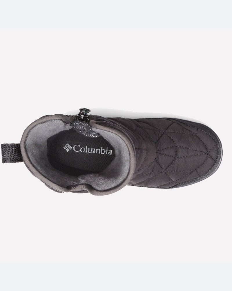 מבט מלמעלה על מגף חורף לנשים מדגם "Youth Minx Slip III" של ColumbiaIL בצבע אפור כהה, עם דוגמת תפרים, בטנה פנימית רכה ולוגו בולט על רפידת הנעל — אידיאלי לשילוב של נוחות וסגנון.