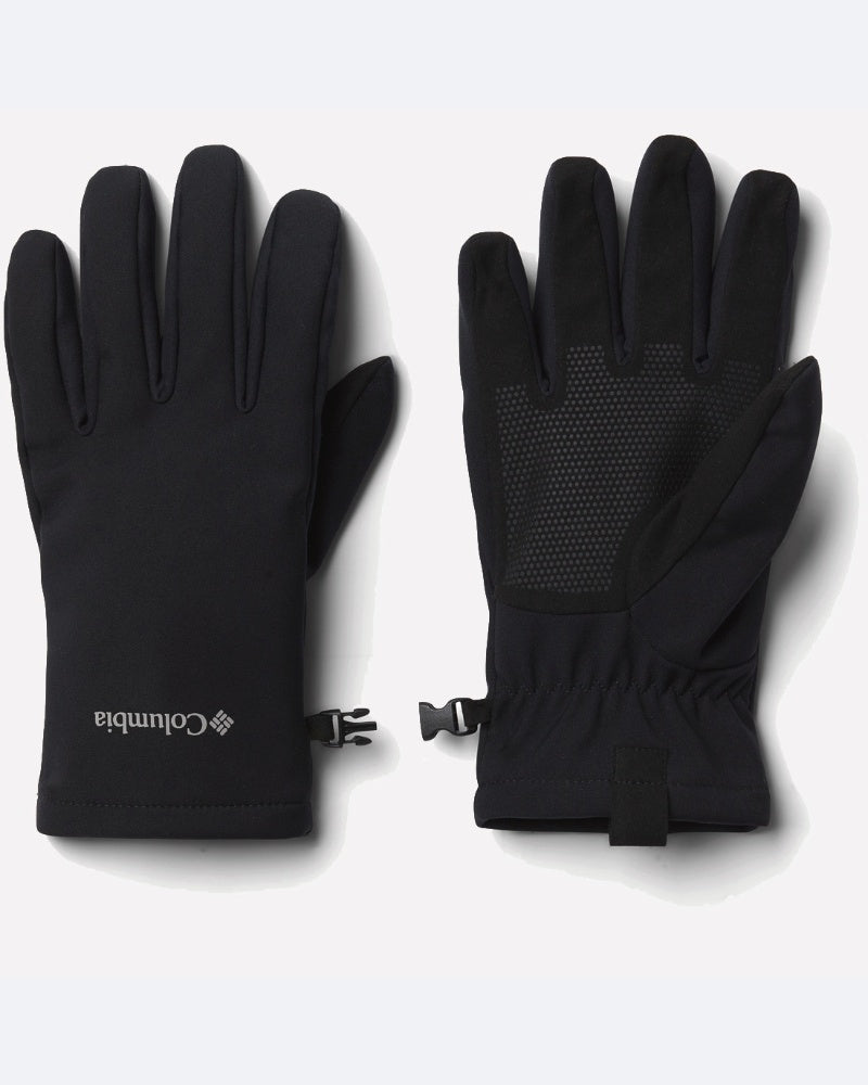 בתמונה נראים זוג כפפות Softshell מדגם M Ascender II של ColumbiaIL בצבע שחור, כאשר באחת מהן מוטבע הלוגו ובשנייה דפוס אחיזה בכף היד. לשתי הכפפות יש קליפסים ורצועות מתכווננות לפרק כף היד.
