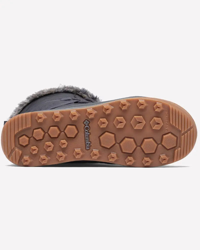 בתמונה נראית תצוגה מלמטה של מגף Columbia Minx IV עם סוליה מגומי חומה, בעלת דפוס משושה ויהלומי, ועליה לוגו קולומביה, הכיתוב OMNI-GRIP, וקצה עליון מרופד בפרווה.