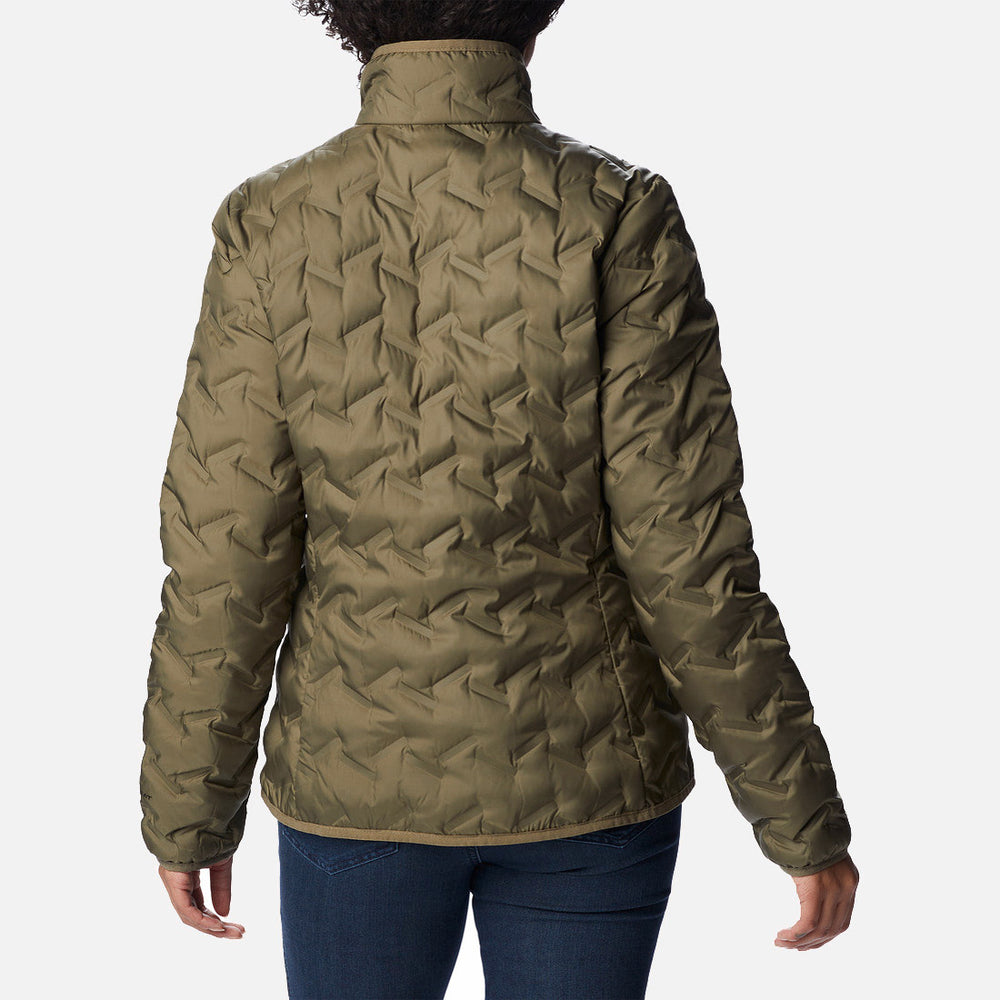 נראה מאחור אדם הלובש את מעיל הפוך ColumbiaIL Delta Ridge II Down Jacket W בצבע ירוק זית, עם דוגמת זיגזג מרופדת וצווארון גבוה, כשהוא עומד בזרועות רפויות, בשילוב עם ג'ינס כחול.