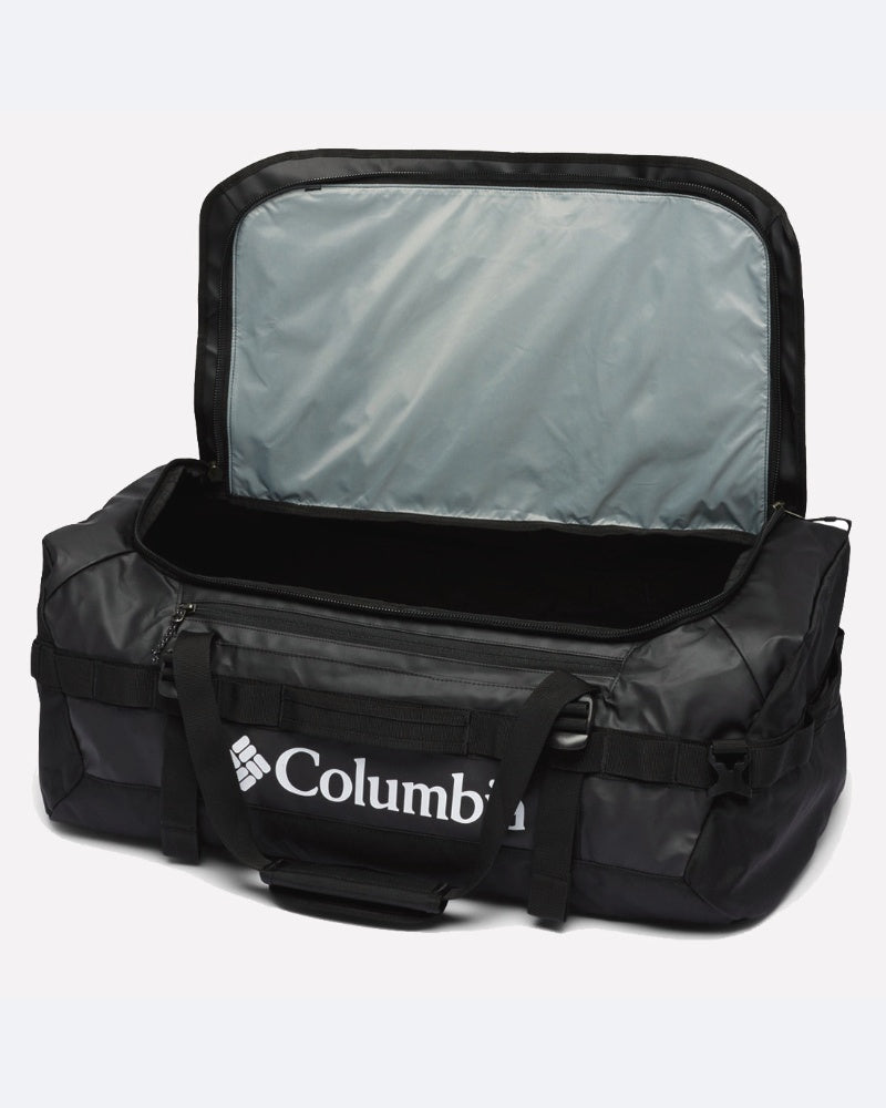 תיק דופל מרווח של ColumbiaIL מדגם Landroamer בנפח 60 ליטר, בצבע שחור, עם רוכסן עליון פתוח, המציג בטנה פנימית בצבע אפור בהיר. לתיק ידיות צדדיות והוא נושא את לוגו ColumbiaIL.