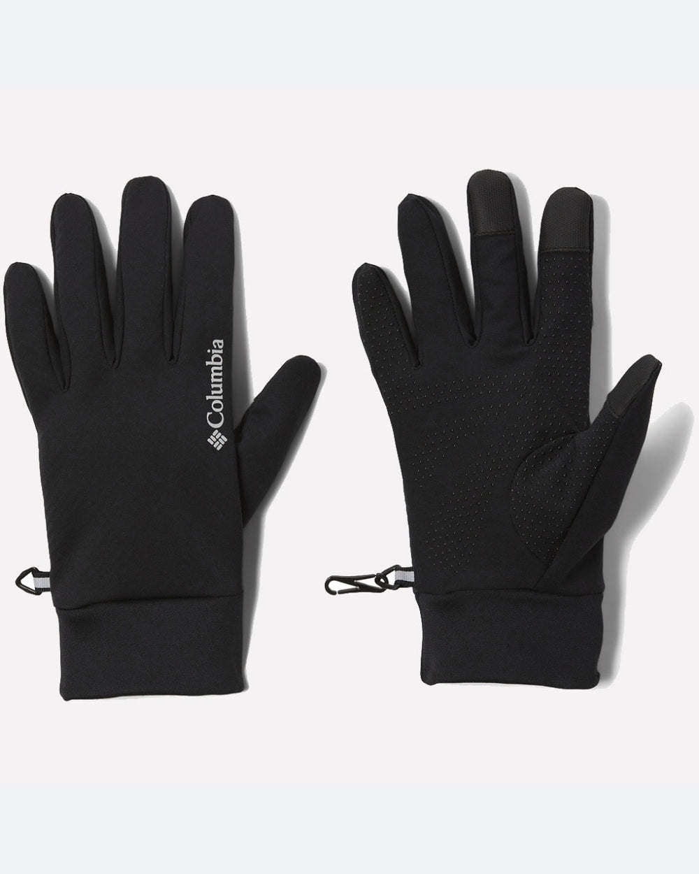 בתמונה נראים זוג כפפות שחורות מדגם Columbia IL M Trail Commute II — באחת מהן מופיע הלוגו בגב, ובשנייה כף יד מחוספסת לאחיזה טובה יותר, בנוסף לקליפס קטן על פרק כף היד — אידיאליות לנסיעה לעבודה בשבילים.
