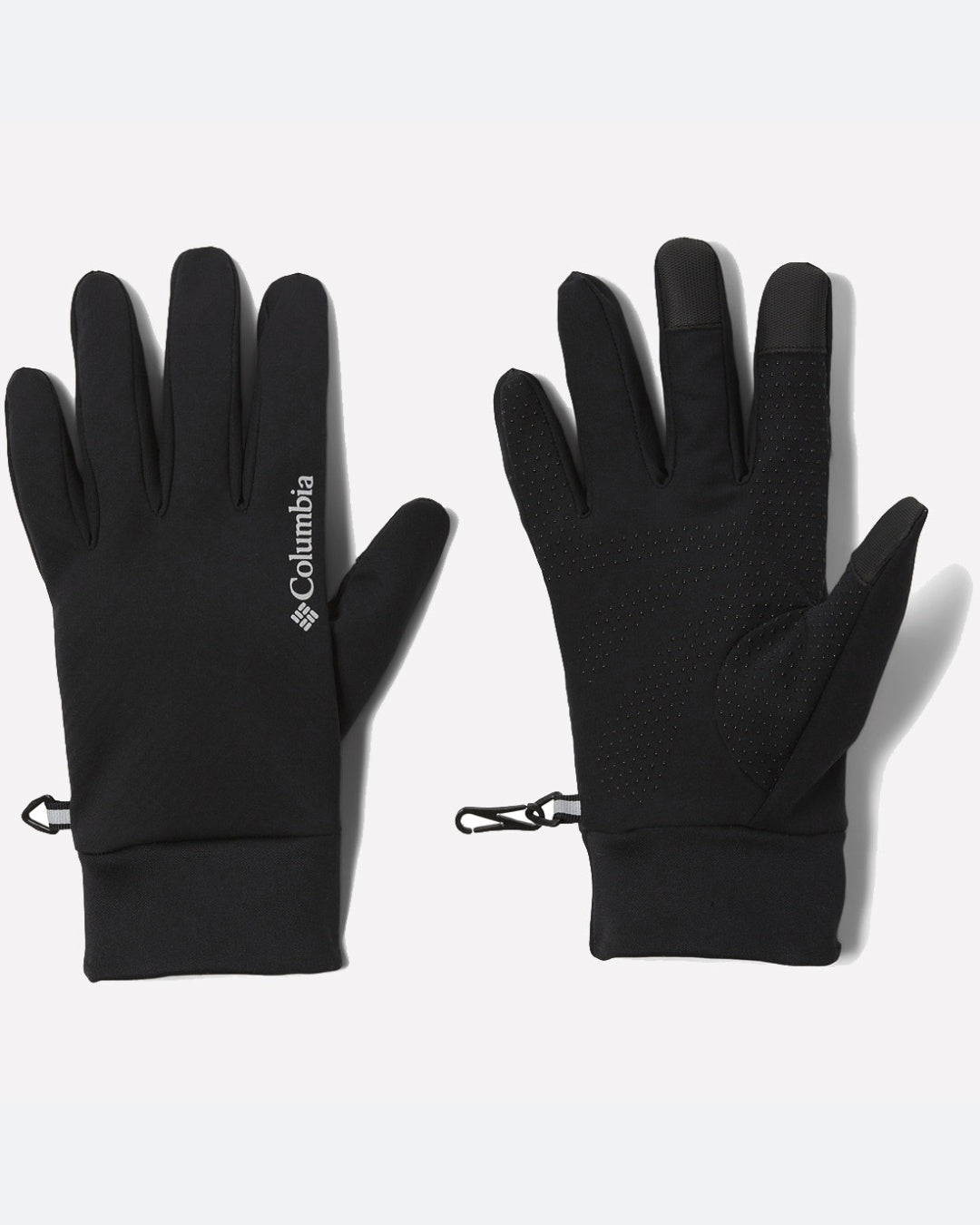 בתמונה נראים זוג כפפות שחורות מדגם Columbia IL M Trail Commute II — באחת מהן מופיע הלוגו בגב, ובשנייה כף יד מחוספסת לאחיזה טובה יותר, בנוסף לקליפס קטן על פרק כף היד — אידיאליות לנסיעה לעבודה בשבילים.