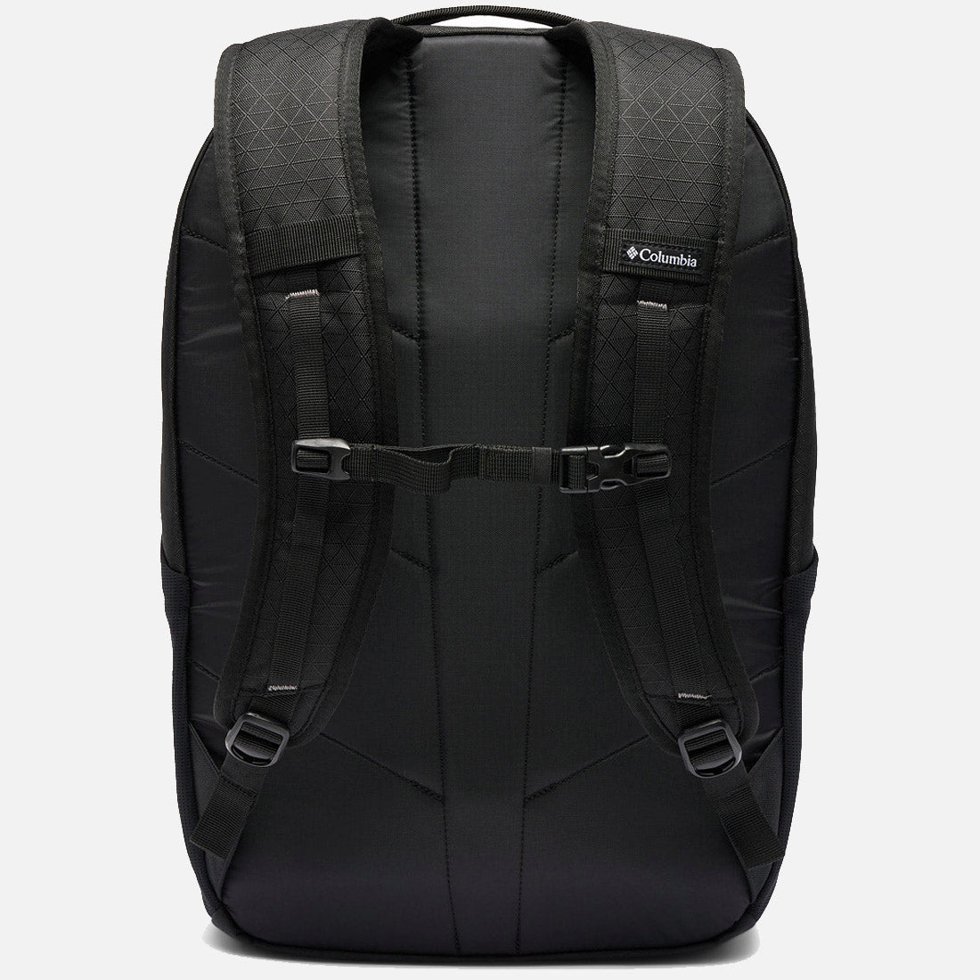 תיק הגב "Atlas Explorer II 26L" של ColumbiaIL בצבע שחור מוצג במבט מאחור, עם רצועות כתפיים מרופדות, רצועת חזה, תפרים גיאומטריים עדינים ולוגו ColumbiaIL בפינה הימנית העליונה.