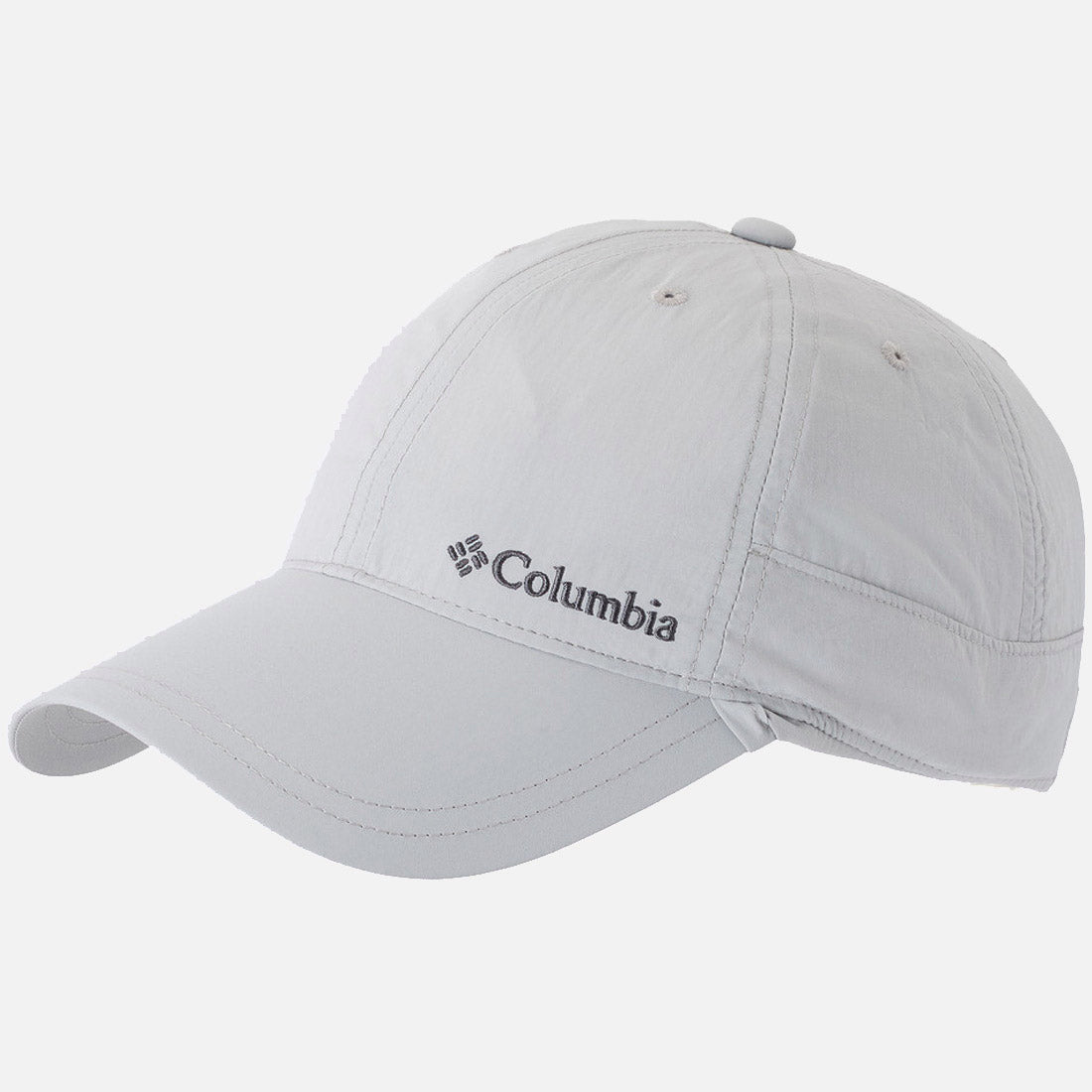 כובע דייגים בצבע אפור בהיר של ColumbiaIL Schooner Bank II Cachalot, עם שוליים מעוקלים ולוגו שחור של Columbia על הלוח הקדמי השמאלי, המוצג על רקע לבן — אידיאלי להרפתקאות בחיק הטבע.