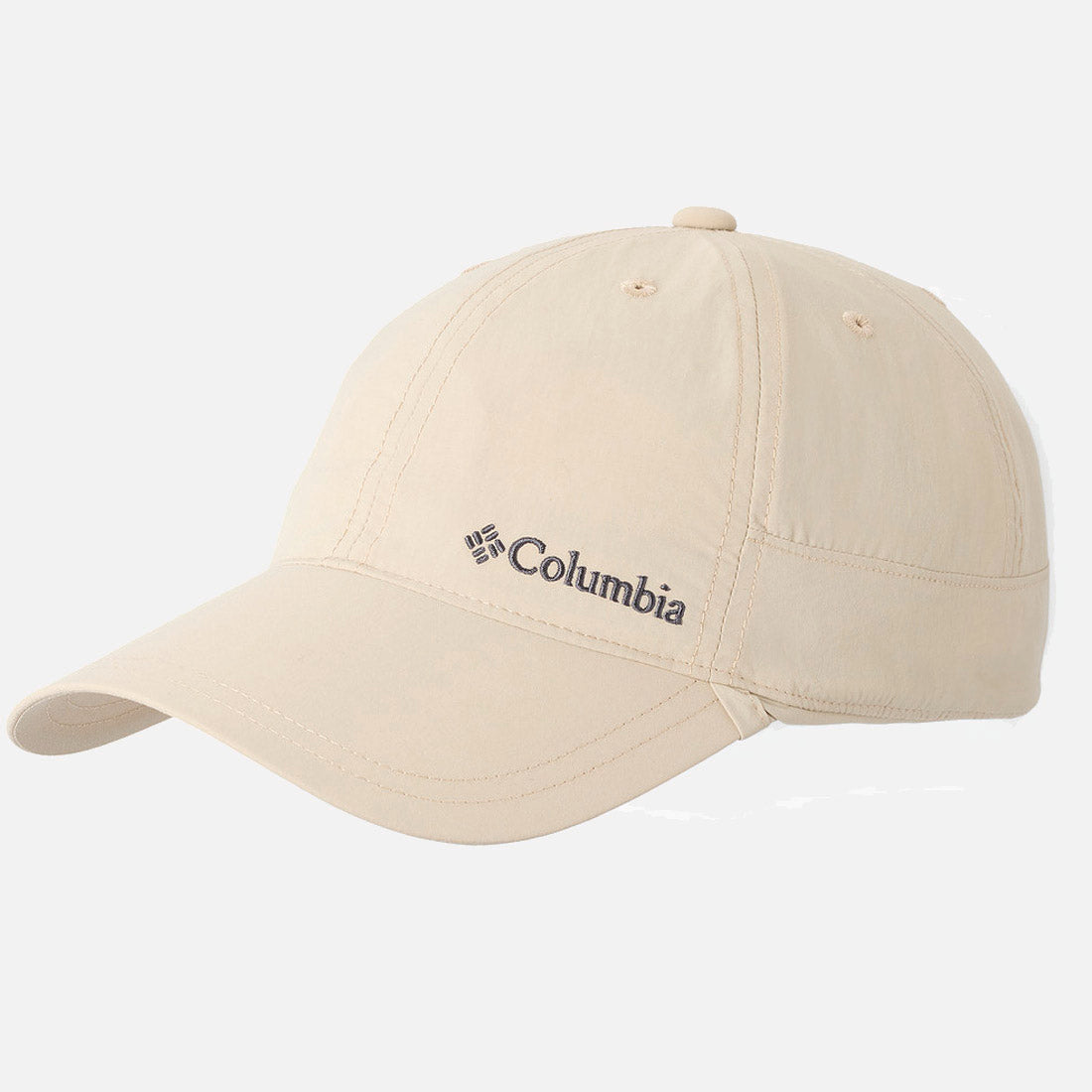 כובע בייסבול בצבע בז' של המותג "ColumbiaIL Schooner Bank II Cachalot", עם שוליים מעוקלים ותפרים בולטים, שעליו מוטבעים הלוגו והשם של המותג ברקמה שחורה על הלוח הקדמי השמאלי, על רקע לבן חלק.