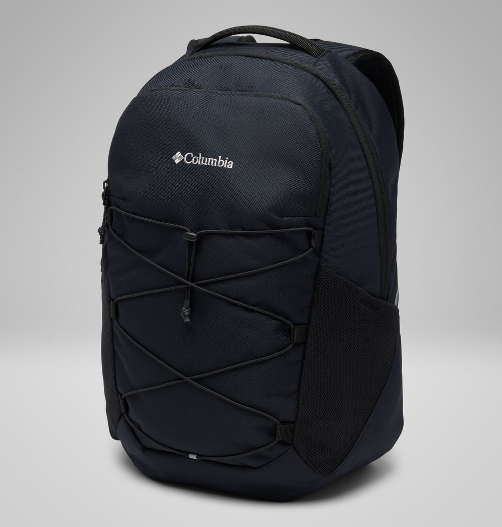 תיק גב שחור מדגם Atlas Explorer 20L של קולומביה ישראל, עם כיס קדמי עם רוכסן, חבל אלסטי, כיס צדדי מרשת ולוגו קולומביה בחלקו העליון, מוצג על רקע אפור אחיד.