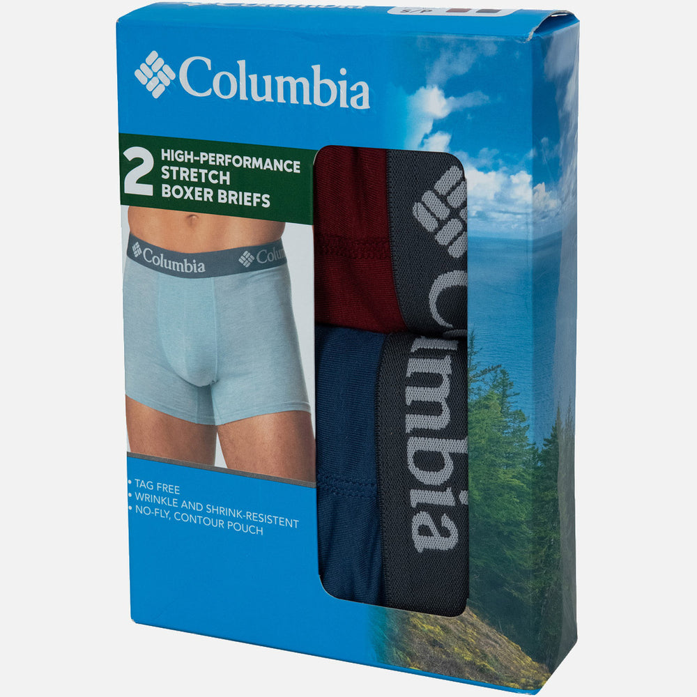 מארז של שני זוגות תחתוני בוקסר מדגם Spun Poly של ColumbiaIL, כאשר זוג אחד בצבע תכלת וזוג אחד בצבע אדום נראים בתוך הקופסה. על האריזה מופיעים פרטי המוצר ותמונה של נוף הררי.