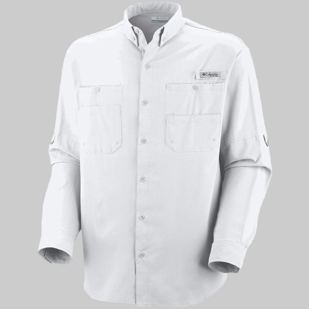 חולצת דיג ColumbiaIL Tamiami II L/S בצבע אפור בהיר, בעלת שרוולים ארוכים, שני כיסים בחזה עם דשים מכופתרים, צווארון מכופתר ולשוניות לגלגול השרוולים, מוצגת על רקע אפור אחיד.