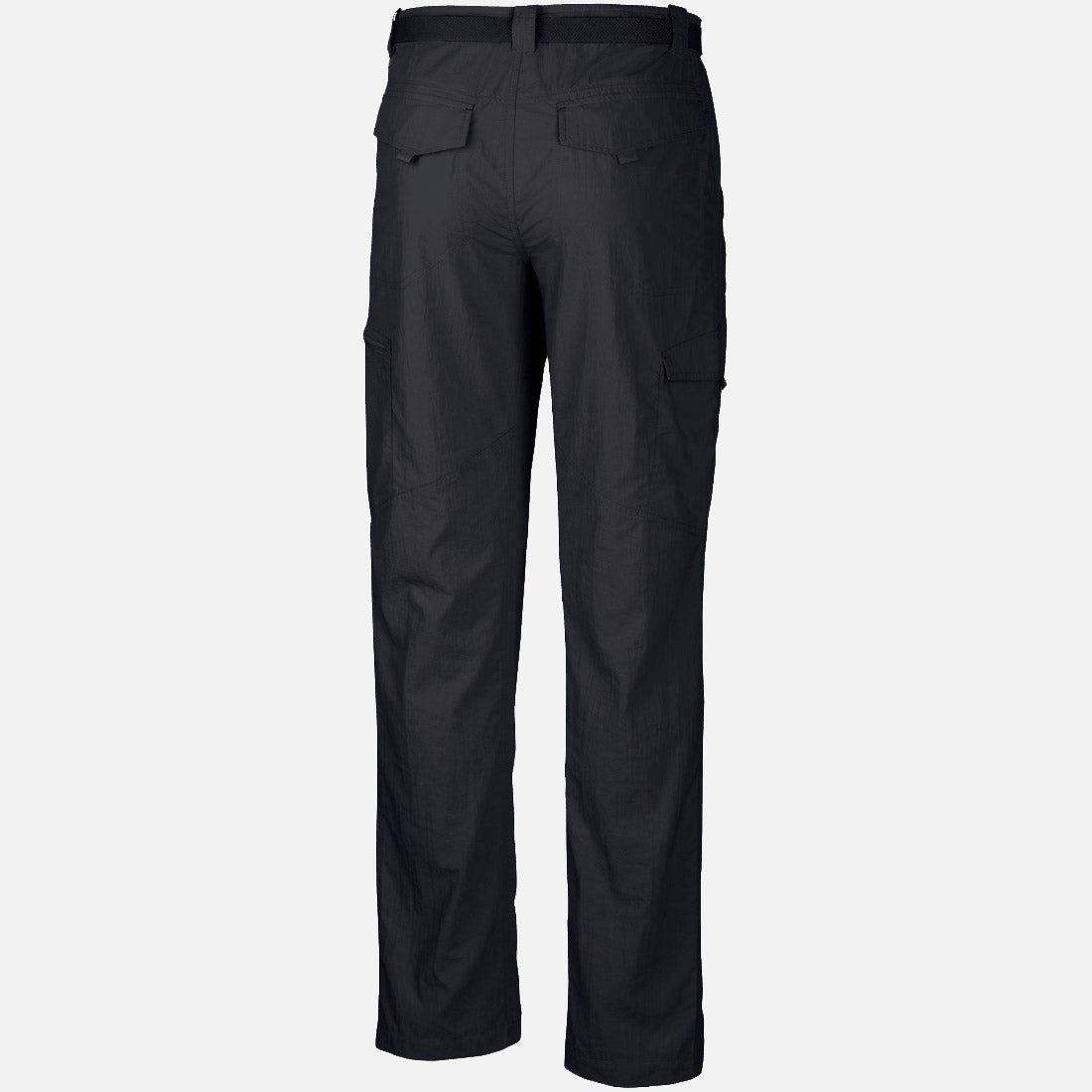 מבט מאחור על מכנסי גברים מדגם Silver Ridge Cargo של ColumbiaIL, עם לולאות לחגורה, שני כיסים אחוריים עם דש ורגליים ישרות, מוצגים על רקע לבן חלק. בהשראת העיצוב הקלאסי של Silver Ridge Cargo.
