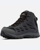 מגפי הטיולים ColumbiaIL Crestwood Mid Waterproof M בצבעי שחור ואפור כהה עם נגיעות אדומות, כוללים סוליה עמידה, לוחות רשת וקצה מחוזק, כפי שנראים בזווית נמוכה.