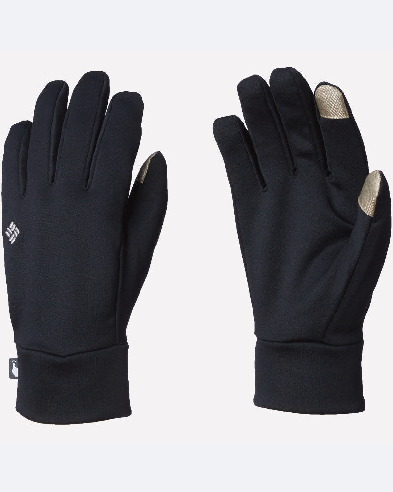 זוג כפפות פנימיות שחורות מדגם Columbia IL Omni-Heat Touch, עם אצבעות מורה ואגודלים המתאימים למסכי מגע, מבודדות, מוצגות כשהכף והגב פונים כלפי מעלה על רקע לבן חלק.