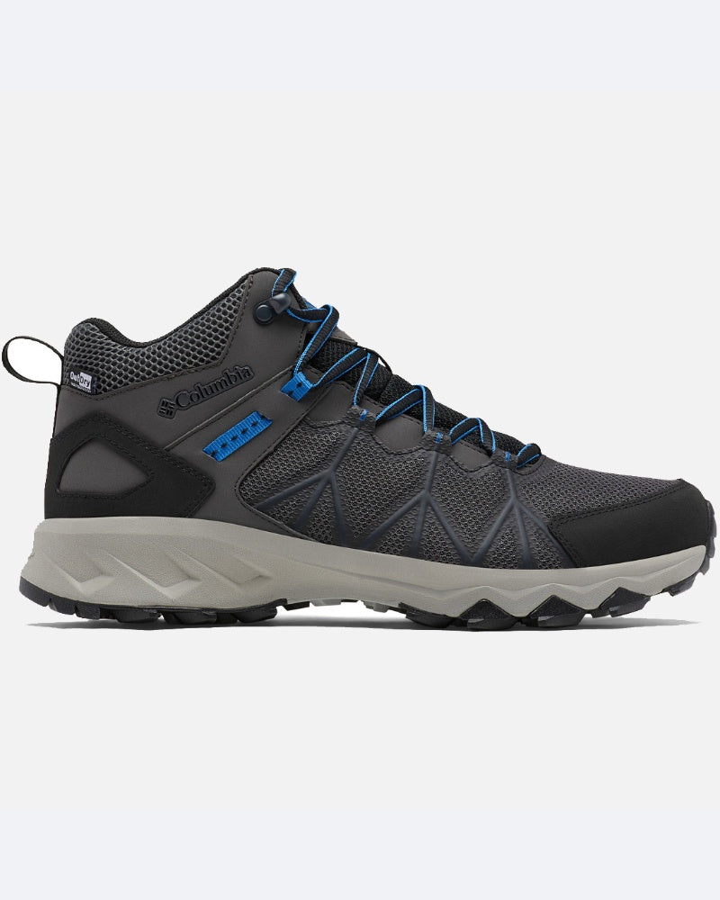 דגם Peakfreak II Mid Outdry מבית columbiaIL הוא נעל טיולים בגובה בינוני בצבעים שחור ואפור, עם שרוך כחול, סוליה עמידה ולוגו בצד, המיועדת לשימוש בשטח ובשבילים.