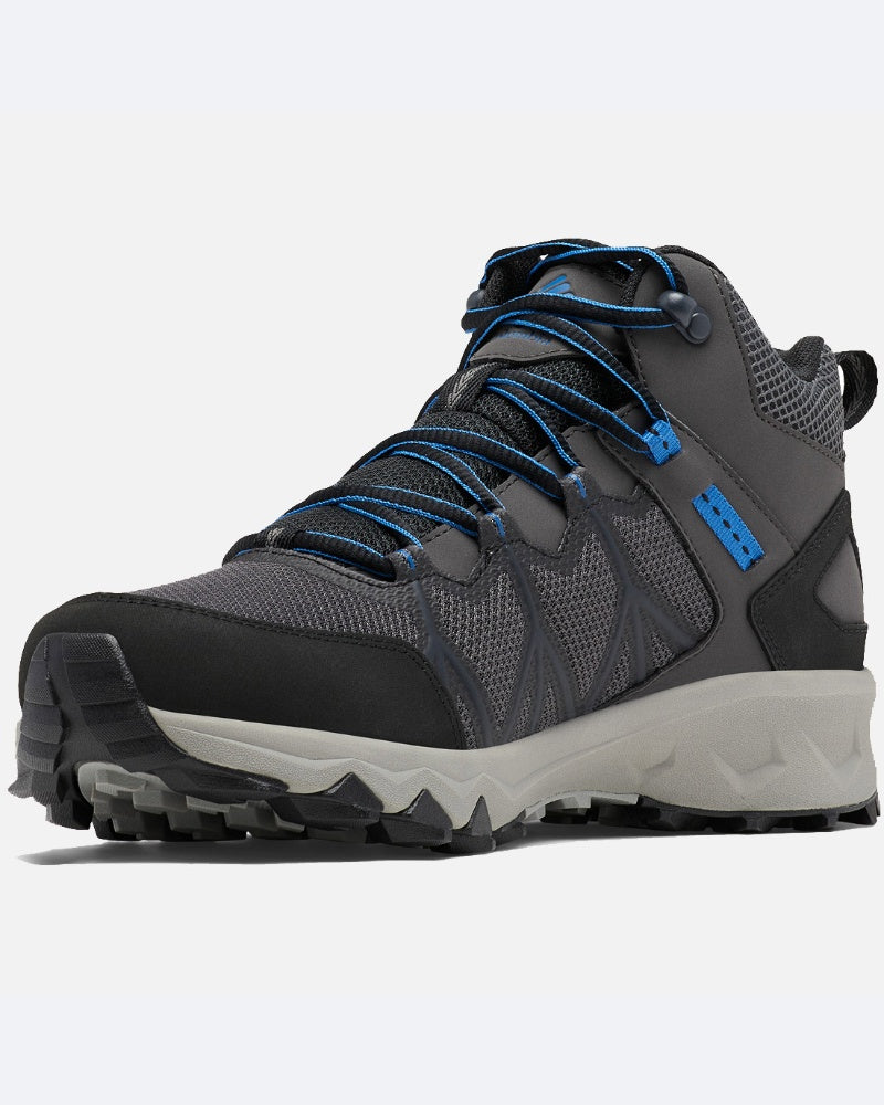מגפי הטיולים ColumbiaIL Peakfreak II Mid Outdry מתאפיינים בעיצוב באפור ושחור עם נגיעות כחולות ושרוכים כחולים, בסוליה עמידה ובצווארון תומך בקרסול — אידיאליים להרפתקה הבאה שלכם בטבע.
