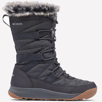 מגף חורף שחור מדגם Minx IV מבית columbiaIL כולל סוליה חומה, תפרים מרופדים, סגירת שרוכים בחזית, גימור מפרווה סינתטית בחלק העליון ולוגו Minx IV הבולט בחלק העליון.