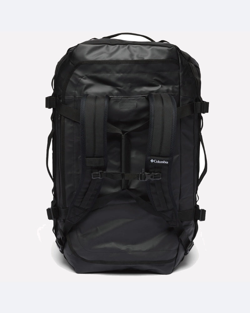תיק ה-Duffel Landroamer 60L של ColumbiaIL בצבע שחור כולל רצועות מרופדות ומתכווננות, אבזמים צדדיים רבים ומעטפת עמידה — אידיאלי לטיולים ולהרפתקאות. הוא מוצג בעמידה על רקע בהיר.