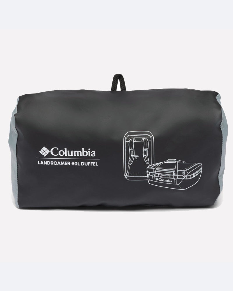 תיק דופל שחור מדגם ColumbiaIL Landroamer בנפח 60 ליטר, עם לוגו לבן ואיורים המתארים את צורת התיק ואת צורתו המקופלת בצד, המוצג על רקע לבן חלק.