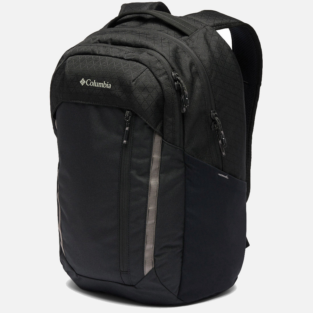 תיק גב שחור מדגם Columbia IL Atlas Explorer II בנפח 26 ליטר, הכולל תאים מרובים עם רוכסנים, פס מחזיר אור אנכי בחזית, רצועות כתפיים מרופדות וידית עליונה, מוצג על רקע לבן חלק.