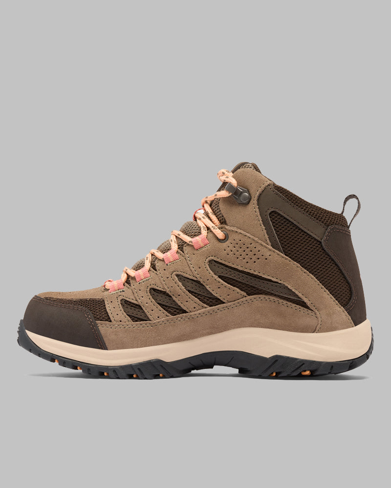 ה-Crestwood Mid Waterproof W מבית קולומביה ישראל הוא מגף טיולים לנשים בצבעי חום ובז', עם שרוכים כתומים, לוחות רשת חומים כהים וסוליה מחוספסת בצבעי שחור ובז', המוצג על רקע אפור אחיד.