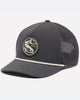 כובע ה-Tidal Pursuit 3D Stretch Snap Back של ColumbiaIL כולל רשת בצבע אפור כהה, טלאי דגים עגול עם האותיות PFG, וחוט דק ובהיר החוצה את החלק העליון של הכובע — מושלם להרפתקת ה-Tidal Pursuit הבאה שלך.