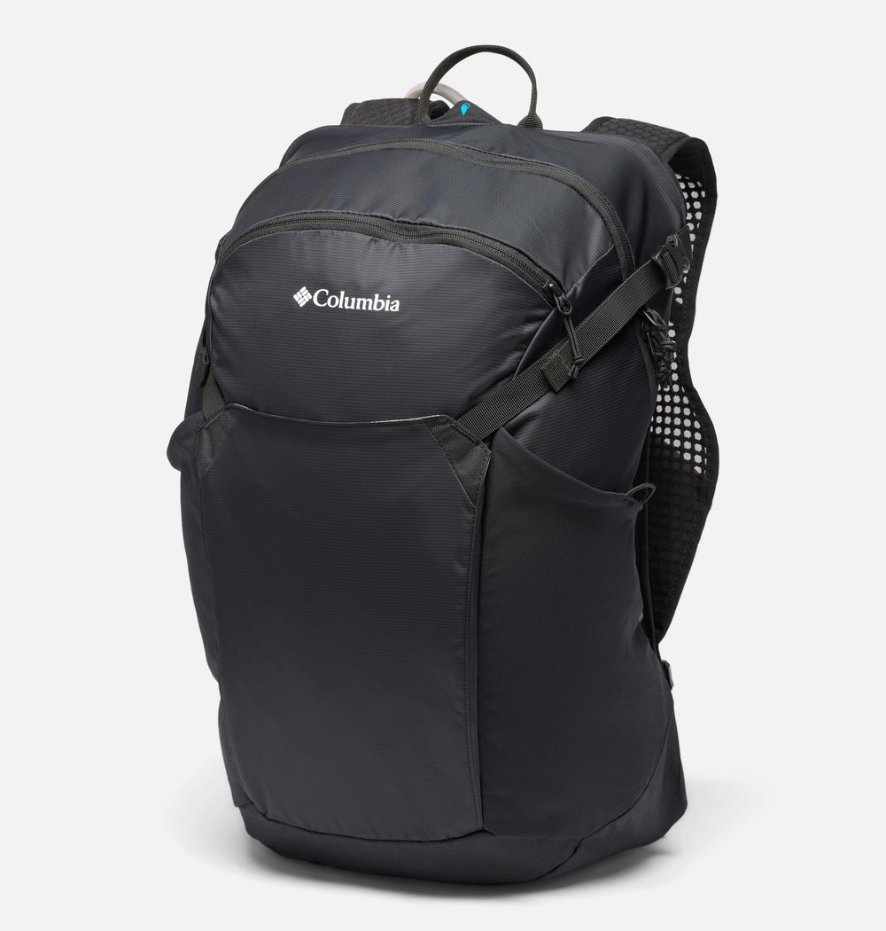 תיק גב שחור מדגם Blackcomb Ridge 30L של Columbia, הכולל תאים רבים, כיסים צדדיים מרשת, רצועות כתפיים מרופדות ולוגו של Columbia בחזית, מוצג על רקע לבן חלק.