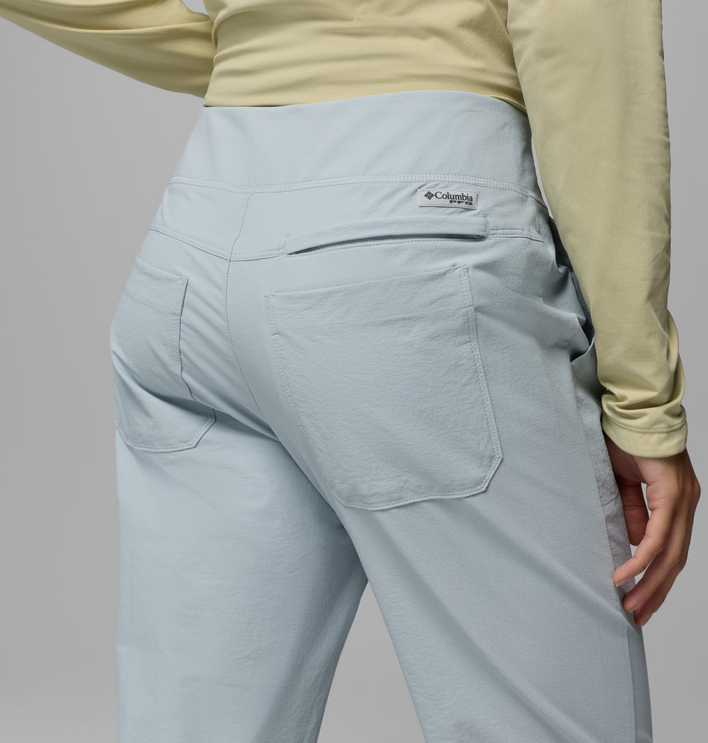 נראה אדם מאחור, לבוש במכנסי "Wild Cast Pant" של קולומביה ישראל בצבע תכלת ובחולצה ארוכת שרוולים בצבע צהוב בהיר, כאשר כיסי המכנסיים ולוגו קולומביה נראים בבירור.