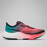 נעל הריצה "קולומביה ישראל Konos Speed Trail Atr W" מתאפיינת בגרדיאנט בצבעים מכחול-ירוק-טורקיז ועד ורוד, עם נגיעות שחורות וסוליה לבנה בעלת מרקם. הנעל מוצגת בפרופיל צדדי על רקע אפור בהיר אחיד. אידיאלית לריצת שטח.