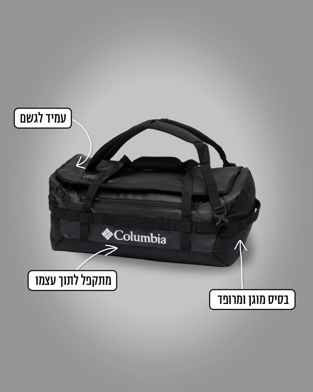 תיק נסיעות Landroamer 60L של ColumbiaIL בצבע שחור, עם תוויות בעברית, כולל תווית שם, ידית מתקפלת ותחתית מחוזקת. התיק מוצג על רקע אפור.