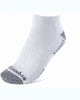 גרבי ה-Fashion No Show Half Cush 2pk מבית columbiaIL הן גרביים קצרות עד הקרסול בצבע לבן עם עקב וקצה אפור, דוגמאות סריגה מרקמות לנוחות וסוליה מרופדת. לוגו Columbia מודפס על קצה הגרב, על רקע לבן.