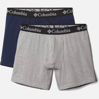 הסט "Poly Stretch 2pk" של ColumbiaIL כולל תחתוני בוקסר לגברים בצבע כחול כהה ובצבע אפור בהיר, שניהם עשויים מתערובת פוליאסטר נמתחת ונוחה, עם חגורות מותן שחורות ועליהן לוגו Columbia בצבע לבן.